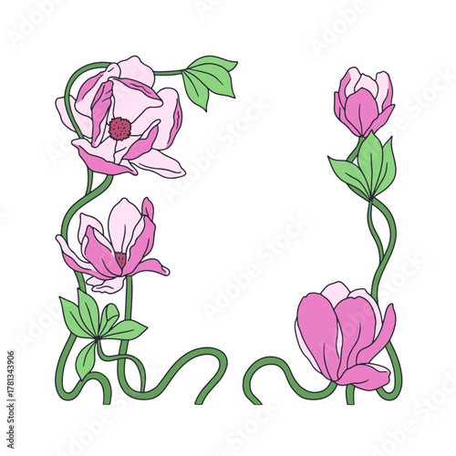 Art nouveau vintage hand drawn pink magnolia flowers and leaves frame vector illustration. Floral border card template
