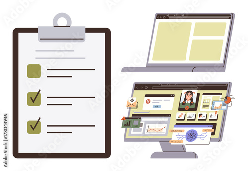 Clipboard checklist, empty laptop screen, desktop with open tabs and graphs. Ideal for workflow, task management, productivity, organization, multitasking planning modern technology. A simple flat