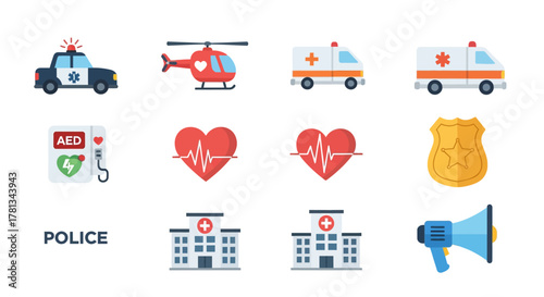 Emergency and rescue icons collection featuring medical and police elements in flat design
