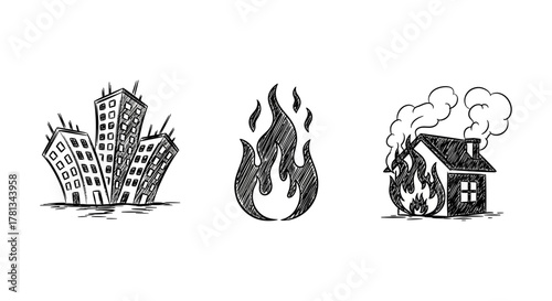Hand drawn disasters: earthquake, fire, and burning house in sketch style