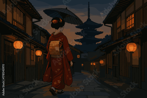 A asian female in a traditional red kimono walks down a lantern-lit street at night, holding an umbrella with a pagoda silhouetted against the evening sky.