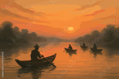 Silhouettes of people paddling small boats on a river at sunset, with an orange sky and calm water creating a serene atmosphere.