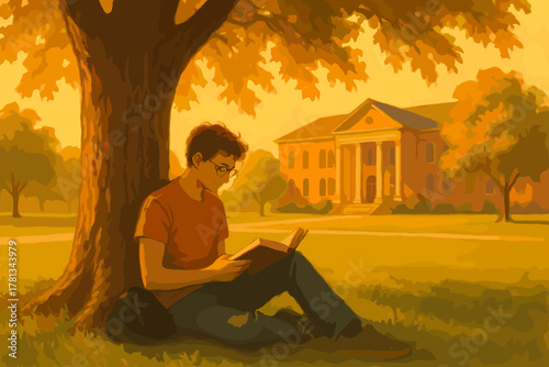 Young caucasian male sitting under a tree reading a book on a sunny campus, with a classical building in the background.