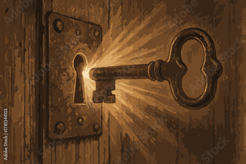 Antique iron key inserted into a rustic wooden door lock, with a soft glow emanating from the keyhole.