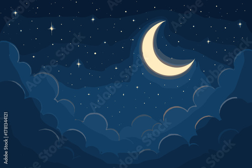 A crescent moon glowing brightly amidst a starry night sky, surrounded by fluffy, darkened clouds forming a natural frame.