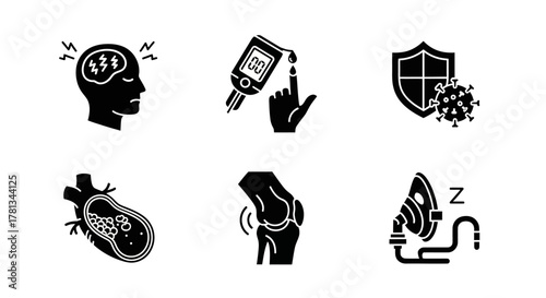 Health icon set: diabetes, virus, sleep apnea, joint pain, brain health