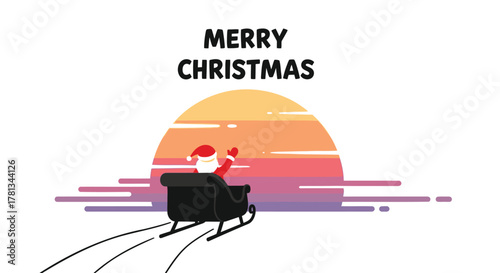 Merry christmas greeting with santa claus riding in a sleigh against a colorful sunset background