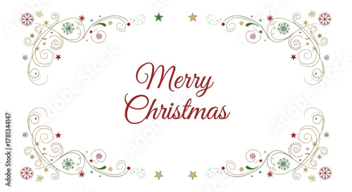 Elegant merry christmas greeting with decorative swirls snowflakes and stars on a white background