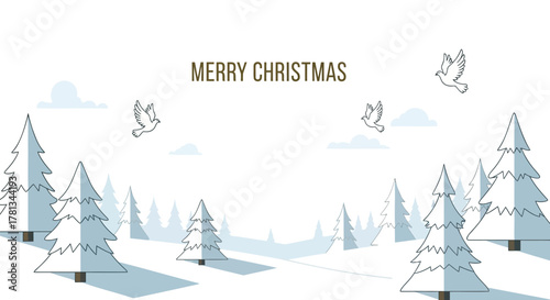 Peaceful winter landscape with snow covered pine trees and doves flying with merry christmas text