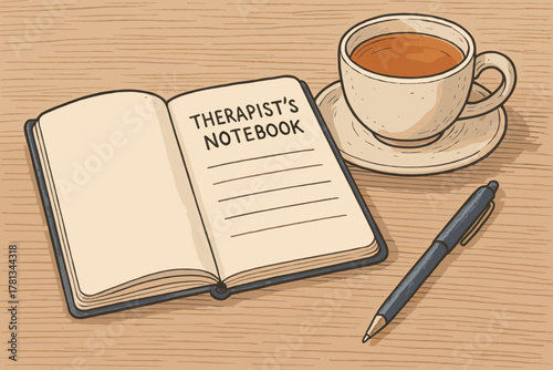 Open therapist's notebook on a wooden table beside a ceramic cup of coffee and a pen, suggesting a reflective and contemplative setting.