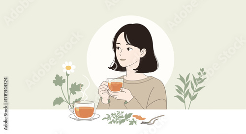 Asian young female enjoying a steaming cup of tea while sitting at a table adorned with herbs and foliage, creating a calm and soothing ambiance.