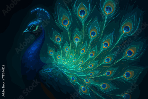 A vibrant peacock displaying its iridescent feathers, showcasing an array of blues and greens with intricate patterns, set against a softly lit dark background.