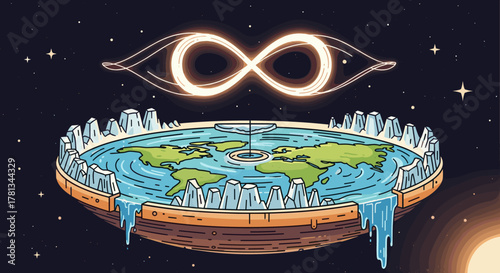 Artistic depiction of a flat earth surrounded by ice walls with a glowing infinity symbol above, set against a starry sky.