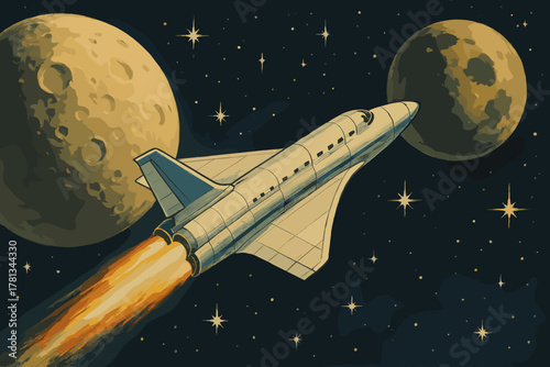 Space shuttle soaring through a starry night sky with two large planets in the background, emitting a bright fiery trail from its engines.