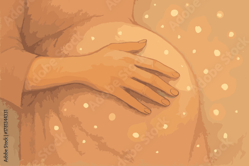Caucasian pregnant woman's hand gently resting on her round belly, surrounded by a warm, soft-colored background.