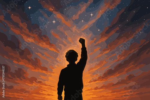Silhouette of a person raising a fist against a vibrant sunset sky filled with stars and colorful clouds.
