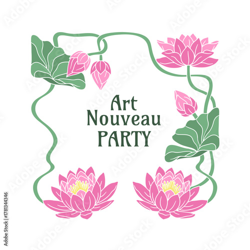 Vintage hand drawn pink lotus flowers frame vector illustration and text Art Nouveau Party