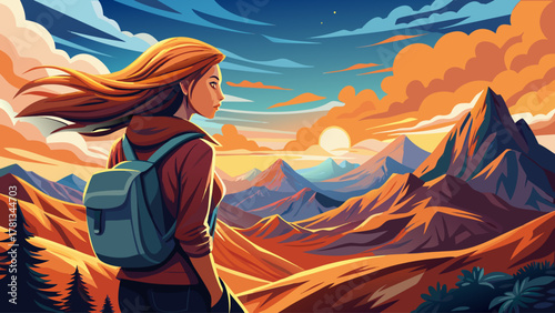 A young woman traveler with a backpack standing on top of a mountain at sunset, wind blowing through her hair, gazing at golden clouds and distant peaks, symbolizing freedom, adventure, and empowermen