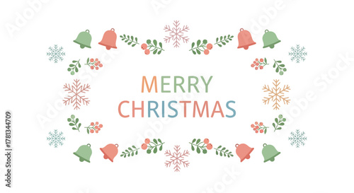 Whimsical merry christmas greeting with pastel snowflakes bells and berries in a decorative border