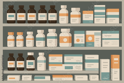 Shelves filled with various medication bottles and boxes, neatly organized and labeled, illustrating a pharmacy or medical supply setting.