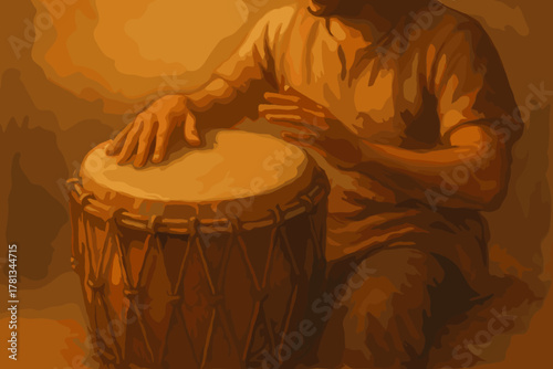 Male adult playing a djembe drum with both hands, featuring dynamic lighting creating warm tones across the instrument and player's clothing.