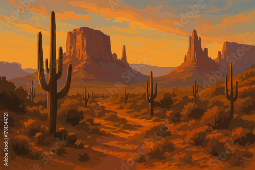 Majestic desert landscape at sunset featuring towering cacti and rugged rock formations under a vibrant sky.