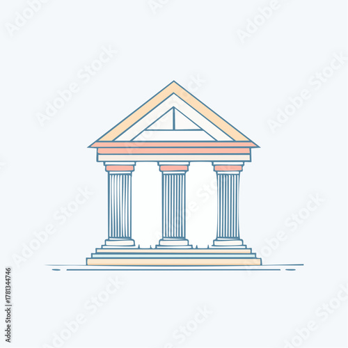 Simple line drawing of a classical building facade with three columns and a triangular roof in pastel colors