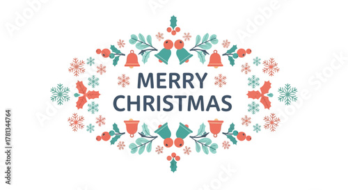 Festive merry christmas greeting with decorative elements like bells holly and snowflakes