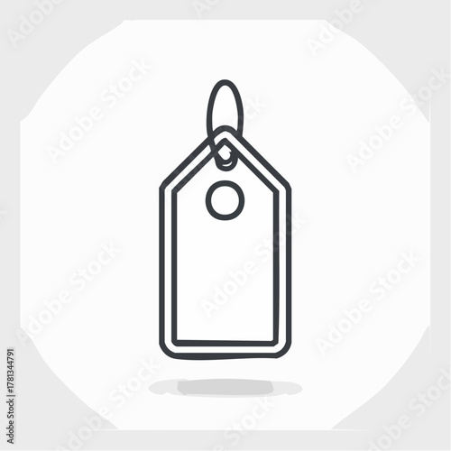 Outline of a black price tag with a hole and hanging loop on a white background with shadow label