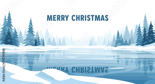Serene winter landscape with snow covered pine trees reflecting in a frozen lake and merry christmas text