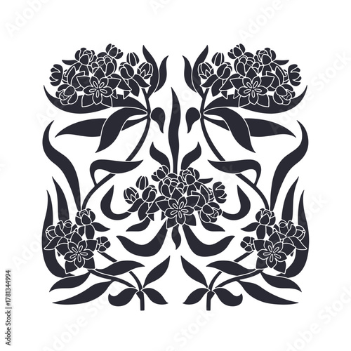 Hand drawn monochrome Art nouveau milkweed flowers and leaves black silhouette print. Vintage tropical botanical vector illustration