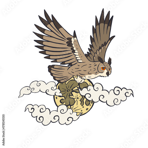 Hand drawn owl flying in night sky with full moon isolated on white background