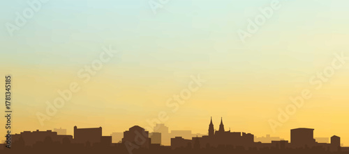 Panoramic poster of the city skyline with misty background buildings, hills sunrise, sunset and clouds of BASEL, SWITZERLAND