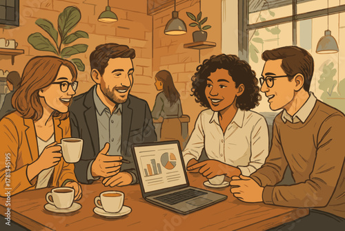 Four diverse adults enjoying a friendly business meeting in a cozy cafe, engaging in conversation over coffee with a laptop displaying charts on the table.