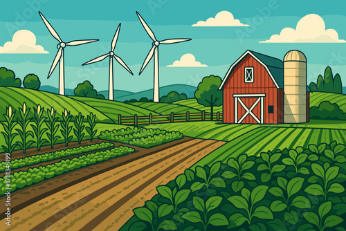 Lush green farm landscape with a red barn and silo, surrounded by fields of crops and three wind turbines under a blue sky with white clouds.