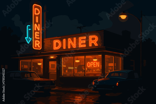 Neon-lit red and blue diner sign glowing at night, with parked vintage cars in front, capturing a nostalgic retro ambiance.