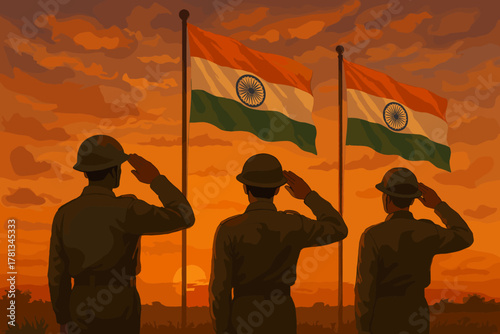 Three uniformed male soldiers salute the indian flag during a vibrant sunset, with the sky painted in warm tones.