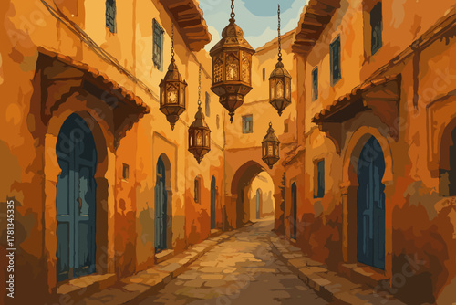 Rustic narrow alleyway with warm orange walls, arched doorways, and traditional lanterns hanging overhead, evoking a historic and scenic atmosphere.