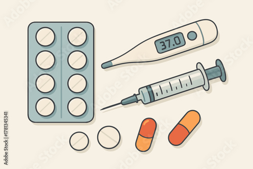 Medical illustration showing a digital thermometer reading 37.0, a syringe, pill blister pack, two loose pills, and two capsule pills arranged neatly.