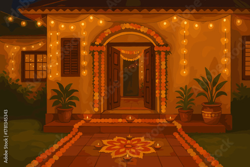 Traditional home decorated with string lights, marigold garlands, and rangoli for a diwali celebration at night.