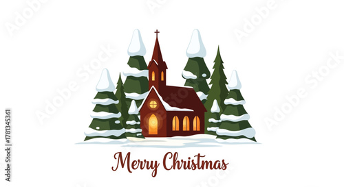 Cozy christmas church nestled among snow covered pine trees with warm glowing windows
