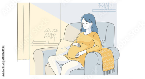 Pregnant caucasian female in a yellow dress peacefully sits on an armchair, holding her belly with a serene expression.