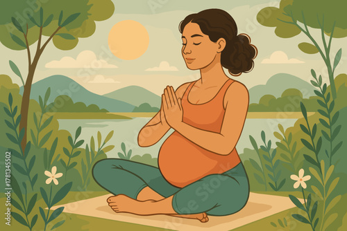 Pregnant hispanic woman practicing yoga in a serene outdoor setting with mountains and a lake in the background, surrounded by lush greenery and flowers.