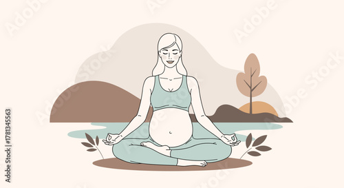 Caucasian pregnant female in her twenties practicing yoga in a peaceful outdoor setting, seated in a cross-legged position with closed eyes and a serene expression.