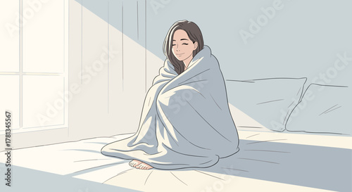 Young female comfortably wrapped in a blanket sits on a bed with a peaceful expression, bathed in soft sunlight.