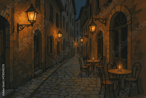 A dimly lit cobblestone alleyway with glowing lanterns casts a warm ambience, highlighting wrought iron chairs and tables outside rustic european-style buildings.