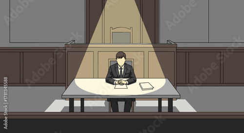 Young male figure in a formal setting, seated at a table under a spotlight in a courtroom environment, surrounded by wooden panels and furnishings.
