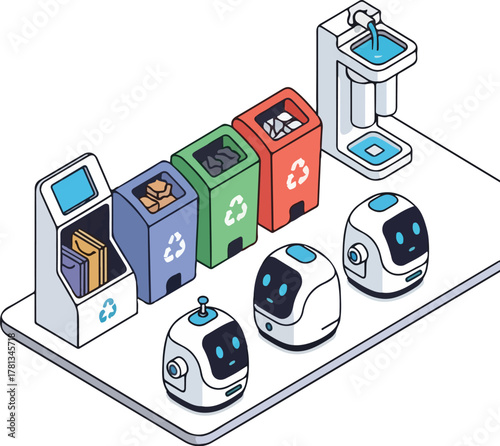 Robots and recycling bins on a white surface.