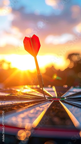 A red dart hits the bullseye of a dartboard during a brilliant sunset