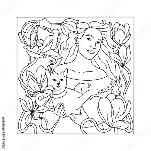 Art nouveau style beautiful long hair woman holding a cat with magnolia flower frame adult coloring book page vector illustration